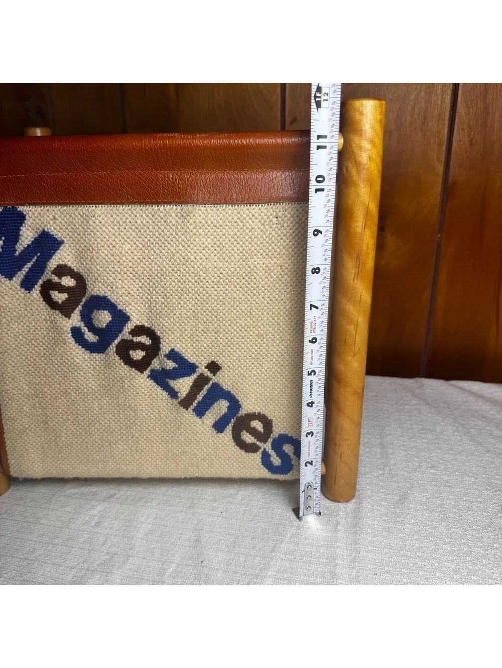 Vintage Wooden Magazine Rack Brown Leather Canvas Sling Holder Mid Century 13x12